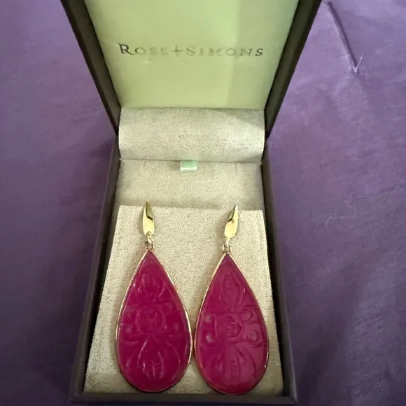 Carved Pink Jade Drop Earrings in 18kt Gold Over Sterling - Picture 2 of 4